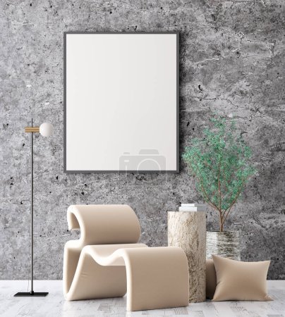 Foto de Maqueta de marco de póster en el fondo interior moderno, sala de estar, estilo escandinavo. Diseño interior moderno con sillón, mesa de centro, lámpara de pie, pared de piedra y planta. renderizado 3d - Imagen libre de derechos
