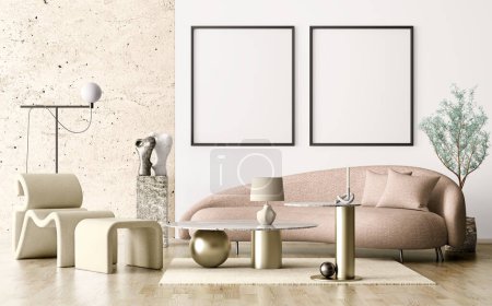 Foto de Maqueta de marco de póster en el fondo interior moderno, sala de estar, estilo escandinavo. Diseño interior moderno con sillones, sofá, mesa de centro, lámpara de pie, pared de piedra, planta y alfombra, representación 3d - Imagen libre de derechos