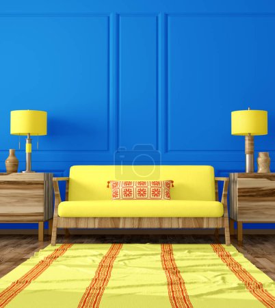 Foto de Moderno diseño interior de la sala de estar con sofá amarillo, cómoda con decoración para el hogar, paneles de pared azul, lámparas y alfombra. Apartamento de diseño. renderizado 3d - Imagen libre de derechos