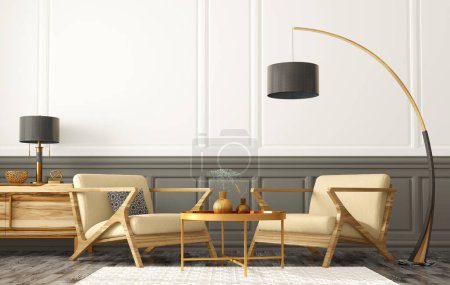 Foto de Moderno diseño interior de la sala de estar con sillones de cuero, mesa de centro y lámpara de pie, cómoda, planta en jarrón, paneles de pared y alfombra blanca. Apartamento de diseño. renderizado 3d - Imagen libre de derechos