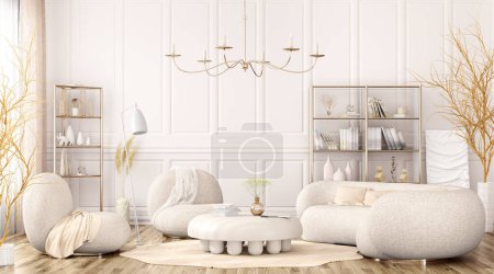 Foto de Moderno diseño interior de la sala de estar, estilo escandinavo. Diseño interior moderno con sillones, sofá, mesa de centro, lámpara de pie, pared de piedra, ramificación y alfombra, apartamento de diseño 3d rendering - Imagen libre de derechos
