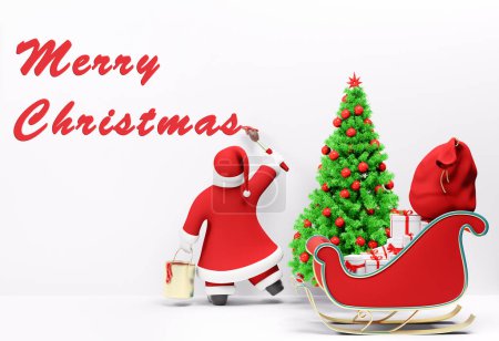 Foto de Santa Claus escribe con pintura roja Feliz Navidad. Feliz tarjeta de Navidad, junto a ella son trineo con regalos y árbol de Navidad. Ilustración, representación 3D - Imagen libre de derechos