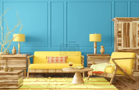 Foto de Moderno diseño interior de la sala de estar con sofá amarillo, armario, cómoda con decoración para el hogar, paneles de pared azul, lámparas y alfombra. Apartamento de diseño. renderizado 3d - Imagen libre de derechos