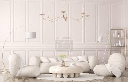 Photo for Modern living room interior design, Scandinavian style. Modern interior design with armchairs, sofa, coffee table, floor lamp, paneling and carpet. Designer apartment 3d rendering - Royalty Free Image