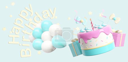 Foto de Happy birthday text with holiday elements like cake, balloons and confetti to decorate birthday greeting card. 3d rendering illustration - Imagen libre de derechos