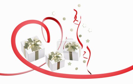 Foto de 3d rendering illustration, Valentines day design template with gift box with gold bow and with red ribbon in the shape of heart on white background - Imagen libre de derechos