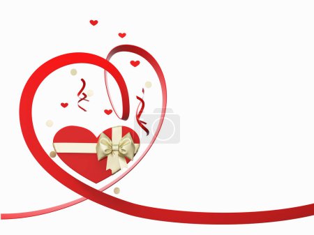 Foto de Valentines day design template with gift box the shape of heart  with gold bow, with red ribbon in the shape of heart and confetti on white background, 3d rendering illustration - Imagen libre de derechos