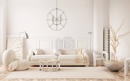 Modern living room interior design, Scandinavian style. Modern interior design with armchairs, sofa, coffee table, floor lamp, paneling and carpet. Minimalism. Designer apartment 3d rendering