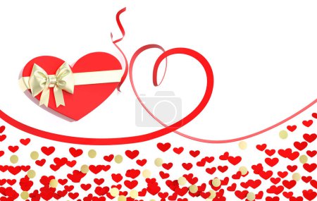Foto de Valentines day design template with gift box the shape of heart  with gold bow, with red ribbon in the shape of heart and confetti on white background, 3d rendering illustration - Imagen libre de derechos