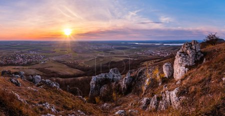 Photo for Beautiful sunset in Plava. Limestone rocks in Klentnice. Spring sunset on Table Mountain. - Royalty Free Image