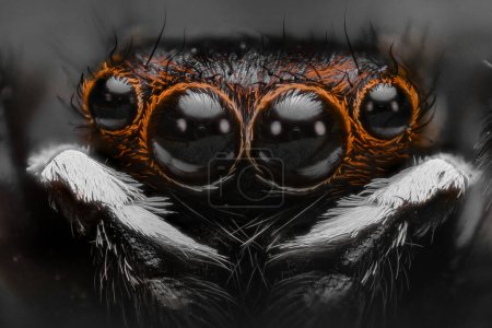 Detail des Kopfes einer springenden Spinne. Salticidae aus nächster Nähe.