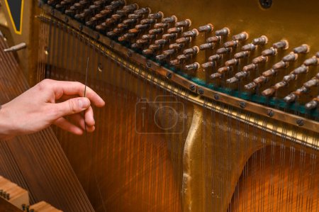 Photo for Repair and tuning of the piano. piano string in hand - Royalty Free Image