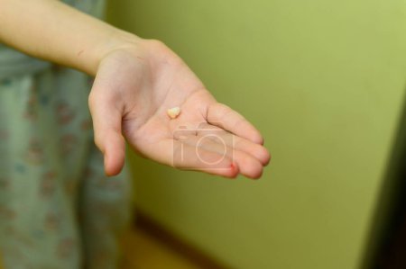 a baby tooth in a child's hand