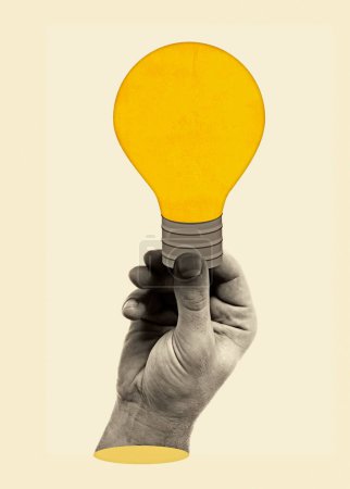 Photo for Human hand holding lightbulb like a brilliant idea generated by the most talented, contemporary collage. Business, startup, problem solving, brainstorm concept. - Royalty Free Image