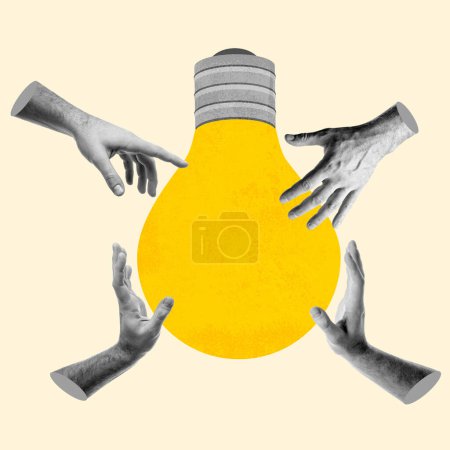 Photo for Human hands reach for a brilliant idea looks like lightbulb, contemporary collage. Teamwork, business, collaboration, problem solving, brainstorm concept. - Royalty Free Image