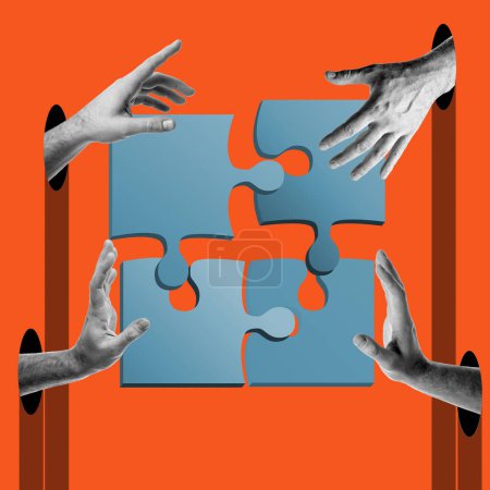 Photo for Abstract human hands put together puzzle, contemporary collage. Teamwork, business, collaboration, problem solving concept. - Royalty Free Image