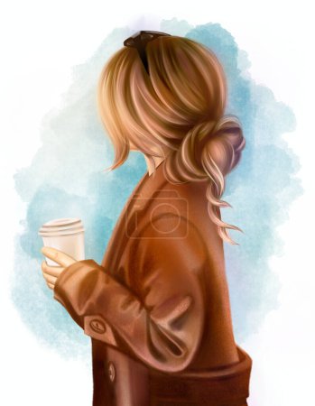 Photo for Stylish young woman walking autumn outdoor and drinks coffee, portrait of young gorgeous blond girl, fashion illustration - Royalty Free Image