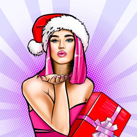 Foto de Pop art chica feliz con el pelo rosa sosteniendo las cajas de regalo de Navidad y da un beso de aire sobre el fondo de los rayos cómicos. Retrato de mujer joven y hermosa, estilización de estilo retro de los años 50 del siglo XX - Imagen libre de derechos