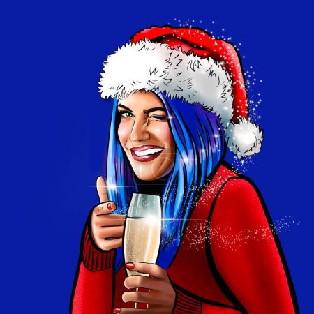 Téléchargez les photos : Pop art heureuse fille souriante avec les cheveux bleus tenant verre de champagne sur fond bleu foncé. Portrait de jeune belle femme de Noël portant le chapeau du Père Noël - en image libre de droit