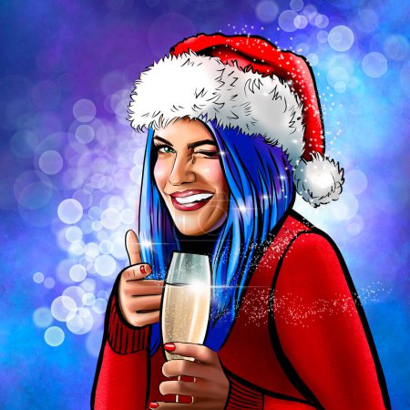 Téléchargez les photos : Pop art heureuse fille souriante aux cheveux bleus tenant un verre de champagne et vous pointant du doigt sur le bokeh bleu. Portrait de jeune belle femme de Noël portant le chapeau du Père Noël - en image libre de droit