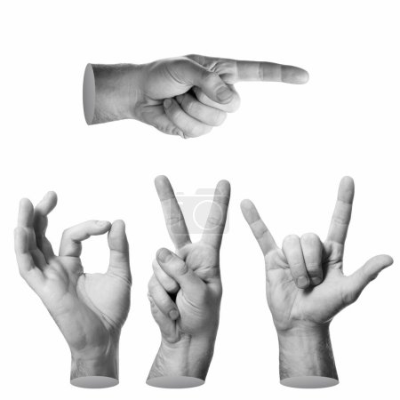 Photo for Male hand demonstrates various gestures, black and white concept set isolated on white background - Royalty Free Image
