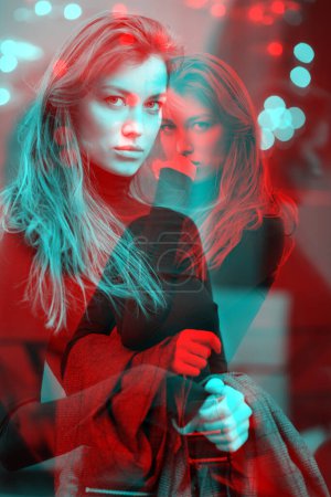 Photo for Double exposure of young caucasian fashionable woman dressed in black clothesposing outdoor, street fashion - Royalty Free Image