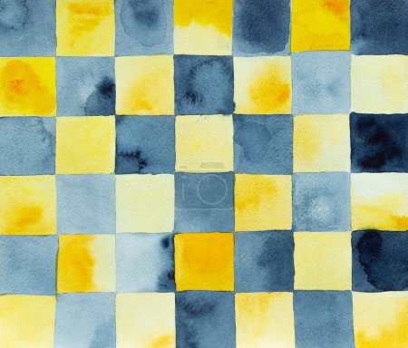 Téléchargez les photos : Fond géométrique abstrait de carrés jaunes et gris, illustration aquarelle dessinée à la main - en image libre de droit