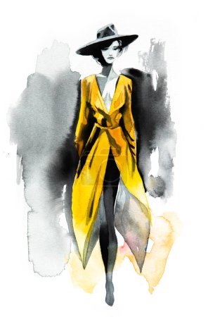 Foto de Modelo de moda femenina abstracta retrato negro y amarillo, ilustración acuarela dibujada a mano. Mujer hermosa joven muestra ropa de moda - Imagen libre de derechos