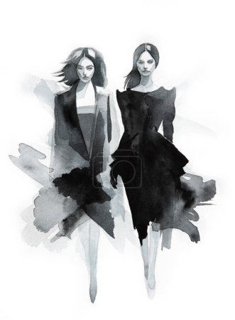 Foto de Modos de moda femenina abstracta, l retrato en blanco y negro, ilustración de acuarela dibujada a mano. Mujer hermosa joven muestra ropa de moda - Imagen libre de derechos