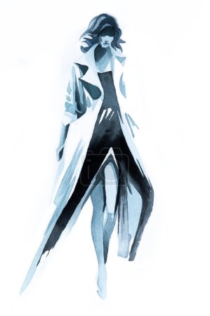 Foto de Modelo de moda femenina abstracta retrato en blanco y negro, ilustración de acuarela dibujada a mano. Mujer hermosa joven muestra ropa de moda - Imagen libre de derechos