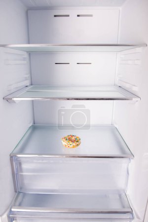 Téléchargez les photos : Réfrigérateur vide ouvert avec un beignet sur l'étagère, concept de régime - en image libre de droit
