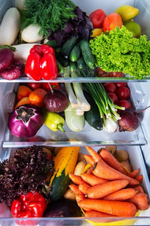 Téléchargez les photos : Réfrigérateur ouvert plein de légumes frais de saison mûrs. Le concept de régime alimentaire, de saine alimentation et de végétarisme - en image libre de droit