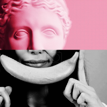 Foto de Abstracy yeso estatua cabeza sosteniendo plátano como sonrisa cerca de su cara en estilo pop art teñido de rosa, collage contemporáneo de moda - Imagen libre de derechos