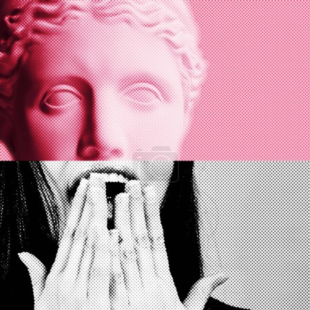 Photo for Contemporary collage of plaster statue head in pop art style tinted pink and young woman laughs and covers her mouth with hand - Royalty Free Image