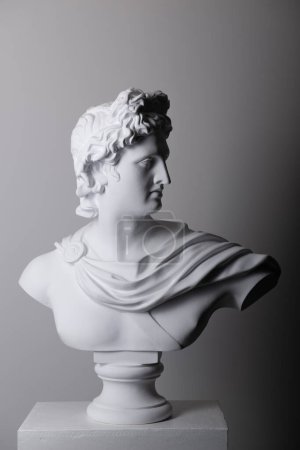 Foto de Cabeza de estatua de yeso masculino en estudio sobre fondo gris - Imagen libre de derechos