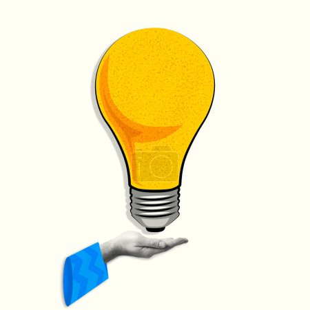 Photo for Male hand holding lightbulb like a brilliant idea generated by the most talented, contemporary collage. Business, startup, problem solving, brainstorm concept. - Royalty Free Image