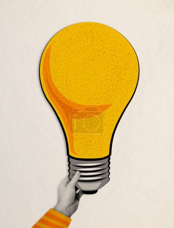 Photo for Male hand holding lightbulb like a brilliant idea generated by the most talented, contemporary collage. Business, startup, problem solving, brainstorm concept. - Royalty Free Image