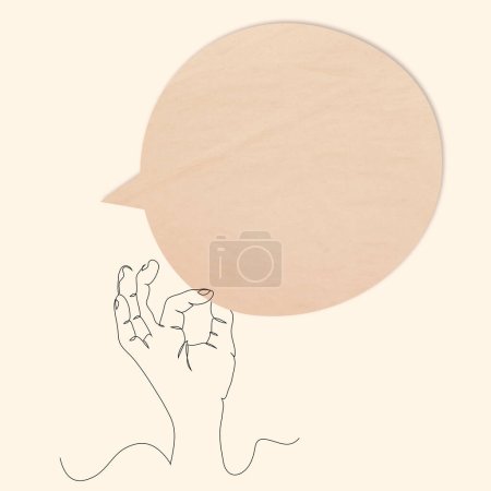 Photo for Male hand drawing with continuous lineholding speech bubbles with copyspace, contemporary collage. Manipulation of public opinion, mass media, elections, concept - Royalty Free Image