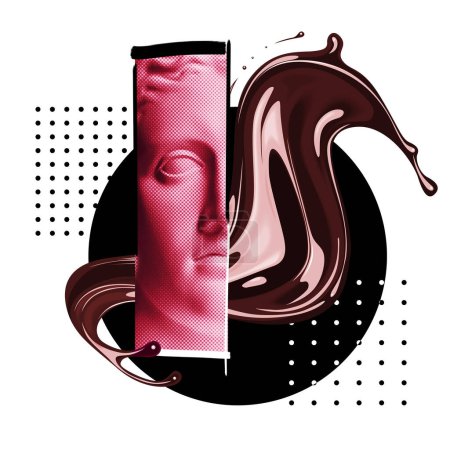 Téléchargez les photos : Tête de statue abstraite en plâtre de style pop art avec éclaboussure ondulée isolée au chocolat noir ou au café, isolée sur blanc. Collage contemporain - en image libre de droit