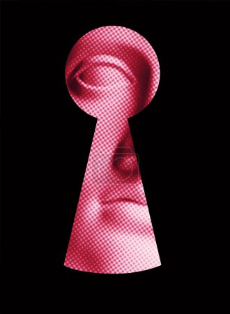 Photo for Abstract plaster statue head in pop art style tinted pink peeking through the keyhole, isolated on black. intelligence, secret, hacking, information leakage, information theft, Internet security concept - Royalty Free Image