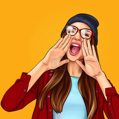 Photo for Girl screaming like in megaphone holding hands near her face with open mouth, comic pop art illustration. Young woman wearing hat and glasses touts everyone over yellow background. - Royalty Free Image