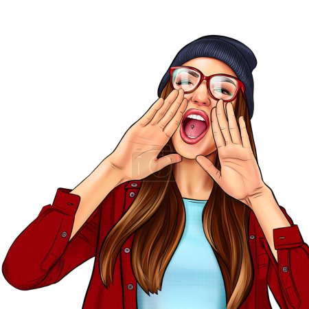 Photo for Girl screaming like in megaphone holding hands near her face with open mouth, comic pop art illustration. Young woman wearing hat and glasses touts everyone over white background. - Royalty Free Image
