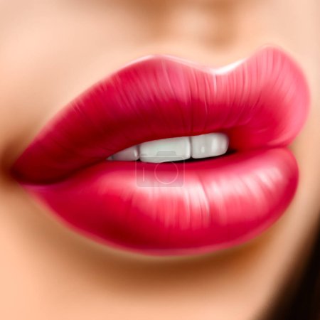 Téléchargez les photos : Belles lèvres féminines sexy avec rouge à lèvres rouge naturel et brillant, illustration numérique. Souriez. - en image libre de droit