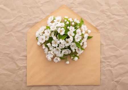 Téléchargez les photos : Cerisier. Enveloppe de fleurs printanières sur fond de papier décoratif froissé. Concept de design printanier - en image libre de droit