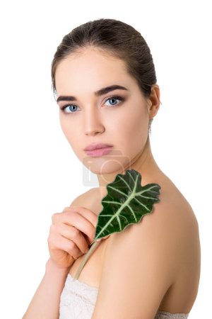 Photo for Beauty female portrait. Beautiful young woman holding green leaf over white background. Healthcare, youth and aging, spa, cosmetology concept. - Royalty Free Image