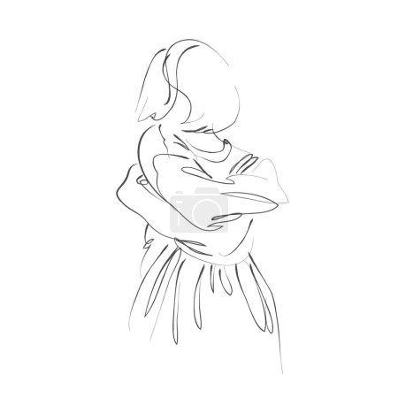 Retrato de línea de chica. Ilustración de moda moderna dibujada a mano de una joven abstracta abrazándose, boceto rápido, ilustración vectorial