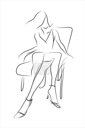 Téléchargez les illustrations : Portrait de fille. Illustration de mode moderne dessinée à la main d'une jeune femme abstraite portant une longue robe de cocktail assise sur une chaise, croquis rapide, illustration vectorielle - en licence libre de droit