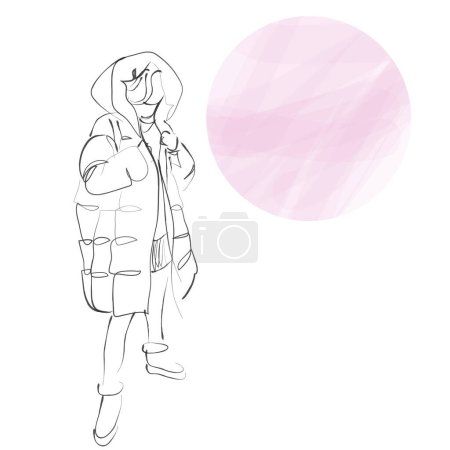 Illustration for Girl's winter portrait. Hand drawn modern fashion illustration of abstract young beautiful and elegant woman dressed in a winter parka with copy space for advertising message - Royalty Free Image