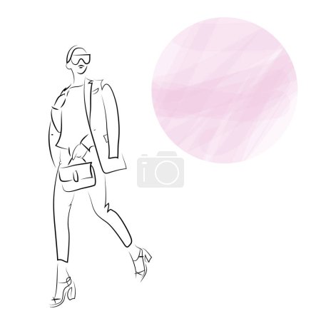 Illustration for Modern fashion vector illustration of abstract young woman wearing elegant off-season urban clothes and walking streets with bag, quick sketch - Royalty Free Image