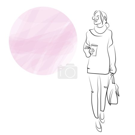 Illustration for Hand drawn modern fashion illustration of abstract young woman wearing elegant off-season urban clothes and walking streets with coffee and bag - Royalty Free Image